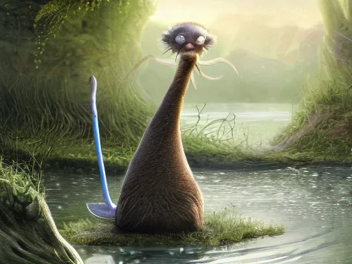 Prompt: a chatty leek creature. a little cute otter made of onion leek, wide feet, that fishes using his long leek stem hair, young leek, fishing in a massive river from a boat. digital illustration detailed digital illustration for mtg. dnd fantasy epic character illustration by seb mckinnon, background by john constable. 4 k illustration asymmetry, centered action shot