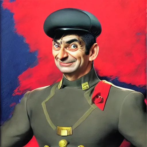 Image similar to ultra realistic full body painting of mr bean as m. bison from street fighter, art by frank frazetta, 4 k, ultra realistic, highly detailed, epic lighting