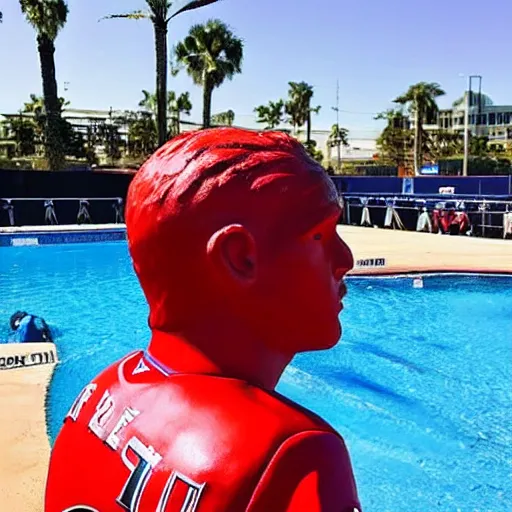 Image similar to “a realistic detailed photo of a guy who is named Mike Trout a baseball player, frozen like a statue, with shiny skin, by a pool, on display”