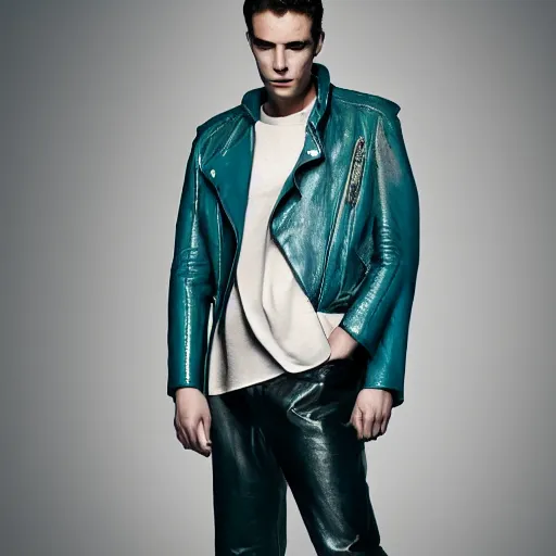 Prompt: an award - winning editorial photo of a male model wearing a teal distressed baggy medieval cropped leather menswear jacket by alexander mcqueen, 4 k, studio lighting, 5 0 mm