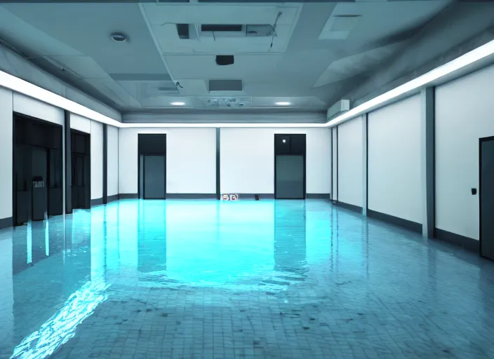 Image similar to cctv footage of a large white empty breakroom with a swimming pool, retrofuturist liminal space, familiar place, clean, black mold, amateur, unreal engine, photorealistic, trending on artstation