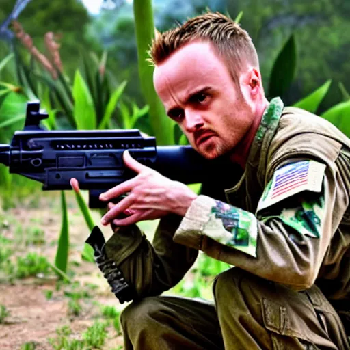 Image similar to jesse pinkman from breaking bad holding an m 1 6 rifle in the vietnam war, 4 k, hyper realistic