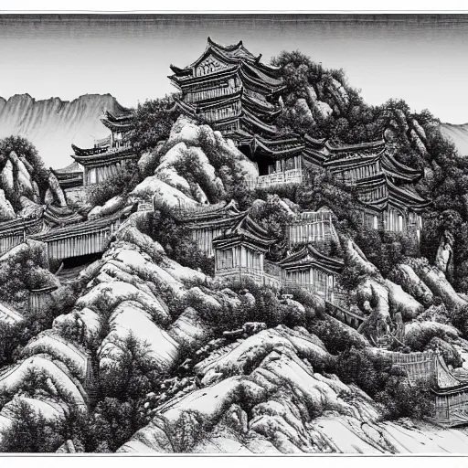 Prompt: ancient chinese fortress in the mountains of xi\'an, desert environment, mountainous gobi desert historic woodcut-styled artwork from ancient china hyperdetailed, artstation trending, world renowned artists, worth1000.com, historic artworks society, antique renewel, cgsociety, by greg rutkowski, by Gustave Dore, Deviantart