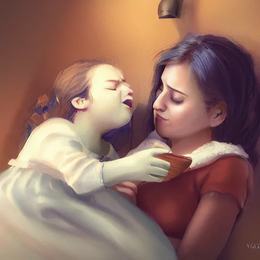 Prompt: a mother singing lullabies to a cute sleepy girl by Victor Nizotsev, highly detailed, trending on artstation
