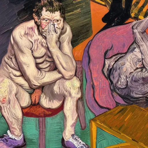 Image similar to high quality high detail painting of a man in agony by lucian freud and jenny saville and francis bacon and vincent van gogh, hd, anxiety, seated with friend in a living room crying and screaming, turquoise and purple and orange and pink, dark atmosphere