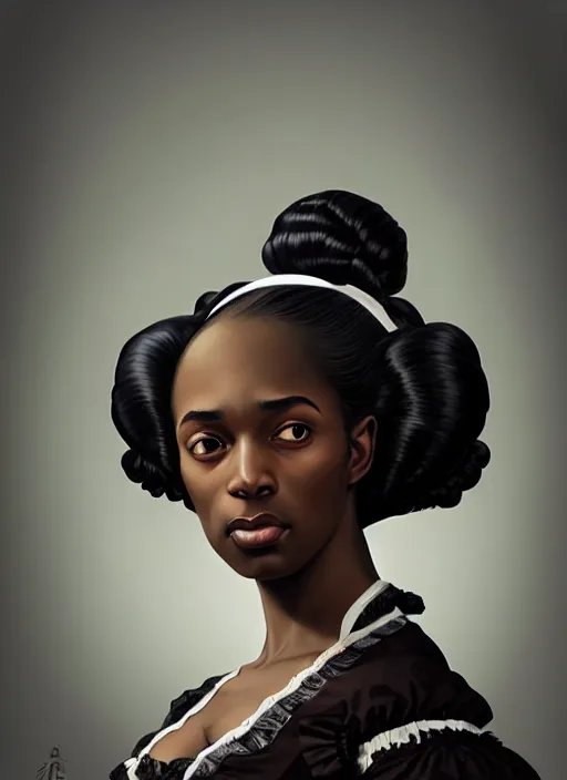 Image similar to a portrait of a young black woman with a crooked nose in victorian clothing, confident pose, intricate, elegant, sharp focus, illustration, highly detailed, concept art, matte, trending on artstation, anime, art by james jean and artgerm and brian despain and alberto mielgo, greg rutkowski, wlop, ilya kuvshinov, strong strokes