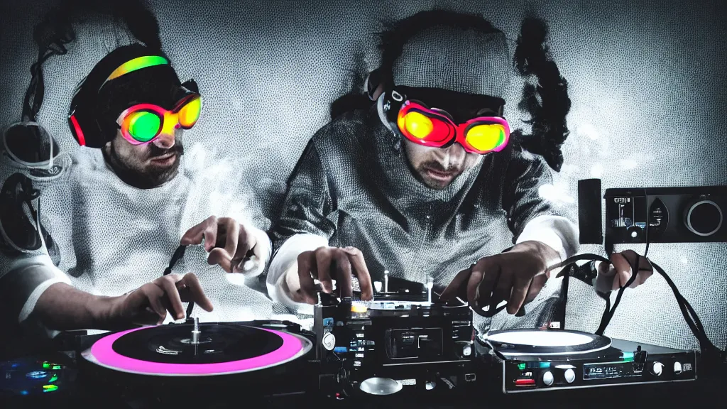 Image similar to a person wearing goggles and visor and headphones using a retro record player contraption, wires and tubes, turntablism dj scratching, intricate planetary gears, cinematic, imax, sharp focus, leds, bokeh, iridescent, black light, fog machine, hazy, lasers, hyper color digital art