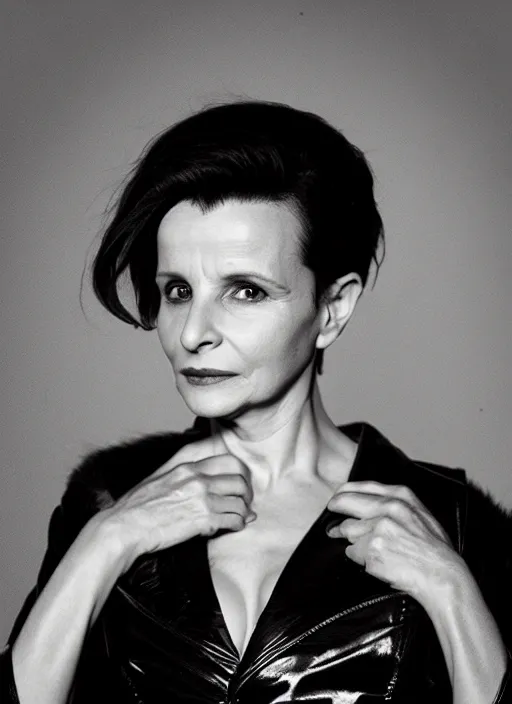 Image similar to head to shoulder portrait Juliette Binoche wearing black latex coat in a bar. In the syle of a film noir movie.