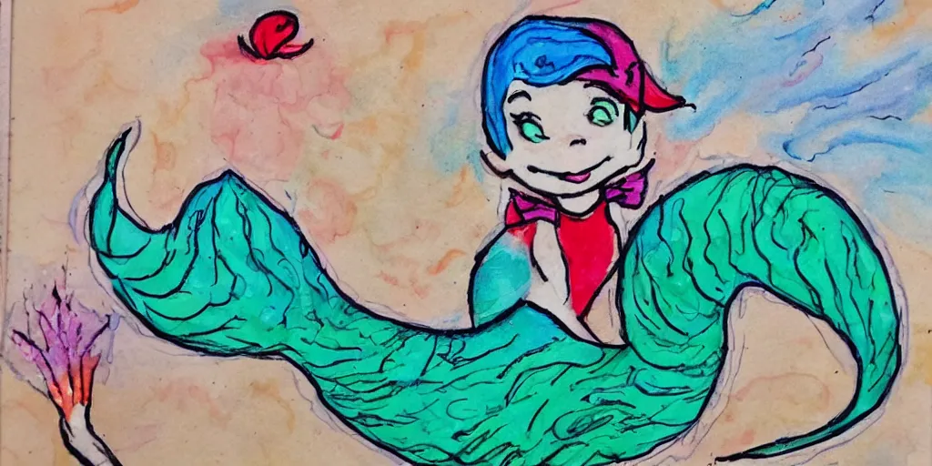 Image similar to a mermaid named madeleine in the style of dr seuss