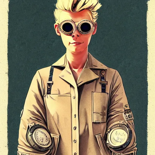 Prompt: tattooed stoic heroic emotionless dirty butch blonde woman mechanic with very short slicked - back hair, wearing dark - lensed victorian goggles, wearing distressed dirty ripped flight suit, moebius, rough paper, smooth median photoshop filter cutout vector, behance hd by jesper ejsing, by rhads, makoto shinkai and ron cobb.