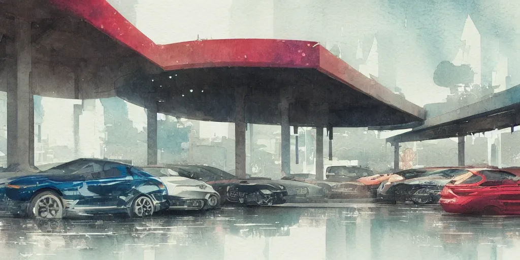 Prompt: a beautiful insanely intricate watercolor illustration of modern parking station, reflexions, colorfull, by william turner art, by greg rutkowski, by james jean, by rossdraws, by frank franzzeta, by sakimichan, by edmund dulac, trending on artstation, insanely detailed, masterpiece,