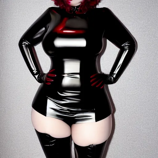 Prompt: a fully clothed curvy feminine young hot pale goth cutie wearing an elaborate modest shiny tight dark red latex-nylon-leather neck-high outfit with black and gold accents, thick hips-breasts and thin waist, cgsociety, photorealistic, sublime-comforting-mysterious ambience, 16k, smooth, sharp focus, trending on ArtStation, volumetric lighting