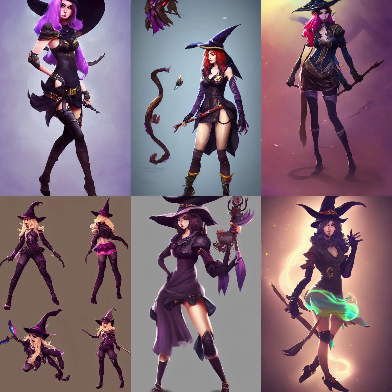 Prompt: A pretty female league of legends character, fullbody art, wearing witch hat, character concept, dynamic posing, solo, 8k, full body, trending on artstation