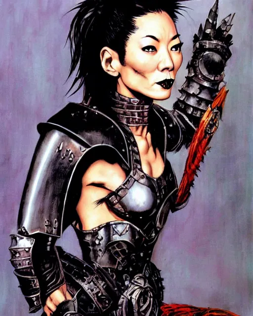 Prompt: portrait of a skinny punk goth michelle yeoh wearing armor by simon bisley, john blance, frank frazetta, fantasy, thief warrior