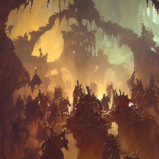 Prompt: Oil painting of a group of goblins, portrait, D&D, Magic The Gathering, by Craig Mullins, Nekro, Victo Ngai, centered, symmetrical, volumetric lighting