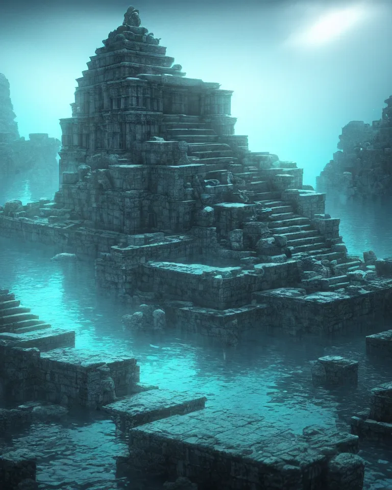 Image similar to ultrawide shot of submerged pre - incan temple, anime style mixed with fujifilm, dark, underwater, symmetrical, bubbles, abyss, dark, murky, foggy, atmospheric, crepuscular rays, artstation, cgsociety, octane render, cgi, unreal engine 5, denoise, detailed, cinematic masterpiece