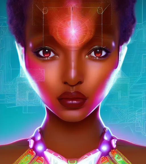 Image similar to symmetry!! ethiopian princess of technology, solid cube of light, hard edges, product render retro - futuristic poster scifi, lasers and neon circuits, brown skin man ethiopian princess, intricate, elegant, highly detailed, digital painting, artstation, concept art, smooth, sharp focus, illustration, dreamlike, art by artgerm