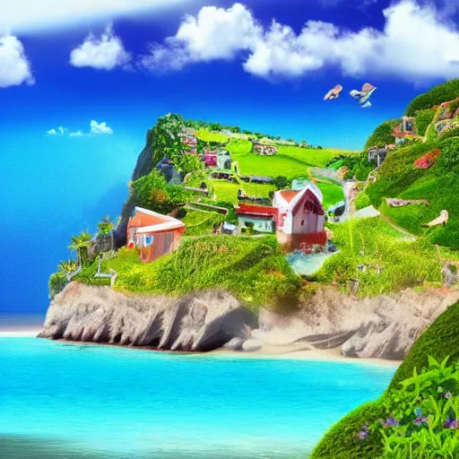 Prompt: i dream about a beatifull island wiht a lot of sun and sea, that contains differend animals like dogs and cats and horses, containst houses and grass, cctv camera on color tv