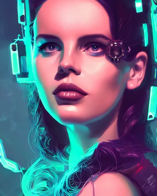 Image similar to portrait of lana del rey as a cyberpunk cyborg. sci - fi intricate abstract. intricate artwork, tear drops, roses, by tooth wu, wlop, beeple, dan mumford. concept art, octane render, trending on artstation, greg rutkowski, asymmetrical, cinematic arthouse, key art, hyper realism, iridescent accents