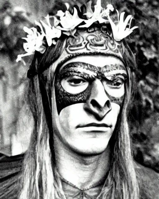 Image similar to sauron with flowers on his hair, hippie, 1 9 6 0 s, world peace, mordor