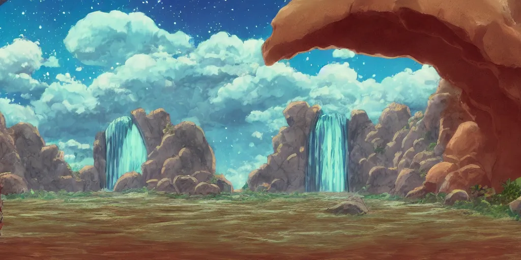 Image similar to a cell - shaded studio ghibli concept art study of an arizona rock arch time portal in a flooded desert on a misty starry night. a waterfall is flowing out of the portal. very dull colors, hd, 4 k, hq