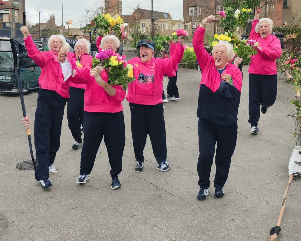 Prompt: a gang of old ladies waving flowers and large hammers, and wearing Umbro track suits laughing maniacally and screaming