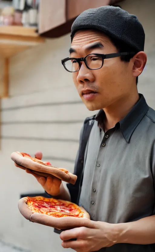 Prompt: suspicious pizza delivelery asian guy, glasses, real life photo, 4 k, cyberpunk, highly detailed, sharp focus