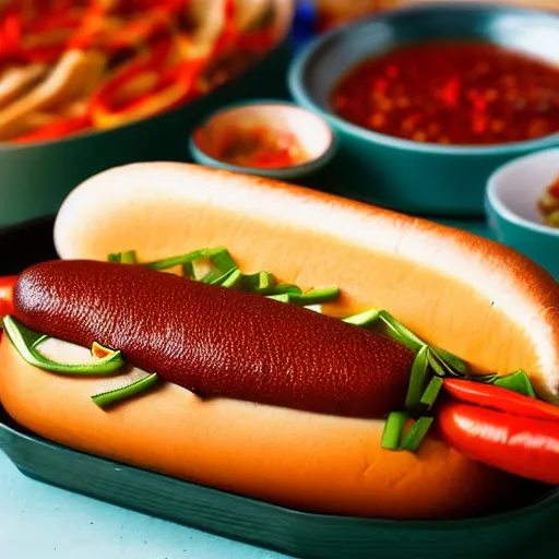 Prompt: “Chicago-style hot dog with Sichuan hot pot dried chili peppers, Sichuan peppercorn sauce and green onions, award winning photography, 40mm, f4”