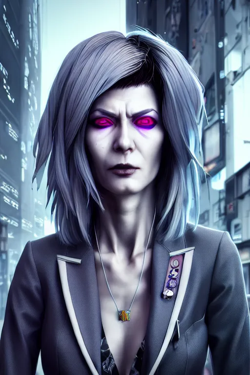 Prompt: hyperdetailed very close portrait of a european fourty years old skinny woman with grey eyes in a fabric suit with a pin in a cyberpunk city inspired by ross tran and wlop and masamune shirow and kuvshinov, concept art, intricate, photorealistic, octane render, rtx, hdr, unreal engine, dnd digital art by artgerm