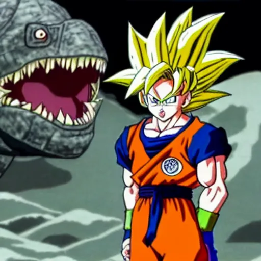 Prompt: a still from the anime dragon ball where son goku is having a basketball match against a dinosaur on the moon