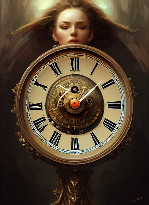 Image similar to a fantastic clock, elegant, sharp focus, illustration, highly detailed, digital painting, concept art, matte, art by wlop and artgerm and ivan shishkin and andrey shishkin, masterpiece