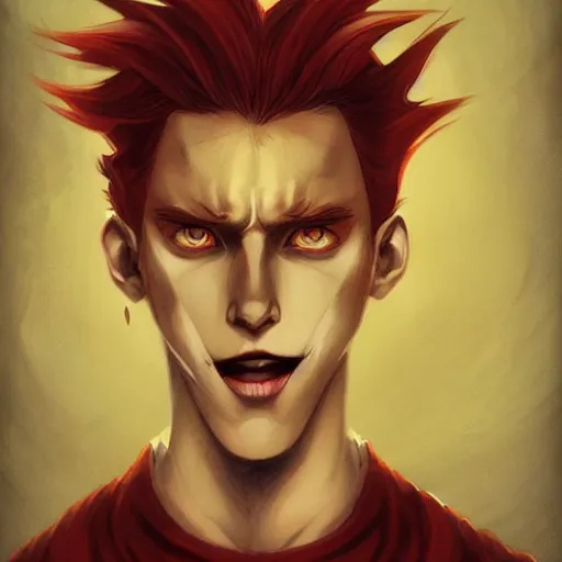 Image similar to headshot portrait of male anime character extremely sharp jaws slit yellow eyes medium red hair inspired by tom hiddleston by anato finnstark, tom bagshaw, brom