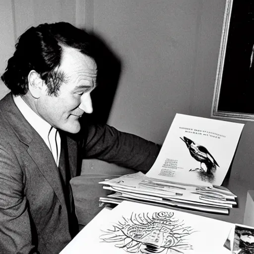 Prompt: Robin Williams printing papers by Salvador Dali