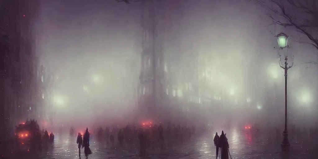 Image similar to a parade in a heavy swirling fog, soft lighting, night, stephen bliss, misty, unreal engine, fantasy art by greg rutkowski, loish, rhads, ferdinand knab, makoto shinkai and lois van baarle, ilya kuvshinov, rossdraws, tom bagshaw, illustration, detailed and intricate environment