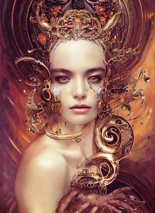 Image similar to expressive photo of sophia lauren, ornate headpiece made from metals, hyper maximalist, elegant, body horror, by karol bak nd yoshitaka amano and greg rutkowski and jeremyg lipkinng and artgerm, photorealistic, fashion photography, hyperrealistic, photography