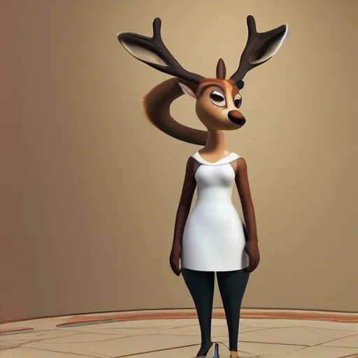 Image similar to portrait, 3 d render, tall slightly chubby anthropomorphic female deer, wearing along white dress, in the style of zootopia,