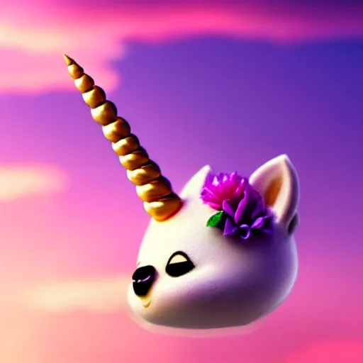 Prompt: very cute and tiny unicorn cat on Dahlia flower flying atop pink clouds, sky background, pixar style, cinematic lightning, award winning creature photography