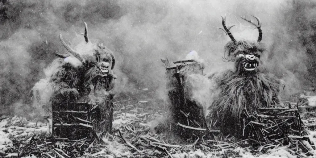 Image similar to 1 9 2 0 s photography of krampus hay monster burning on a pyre, submerged in snow