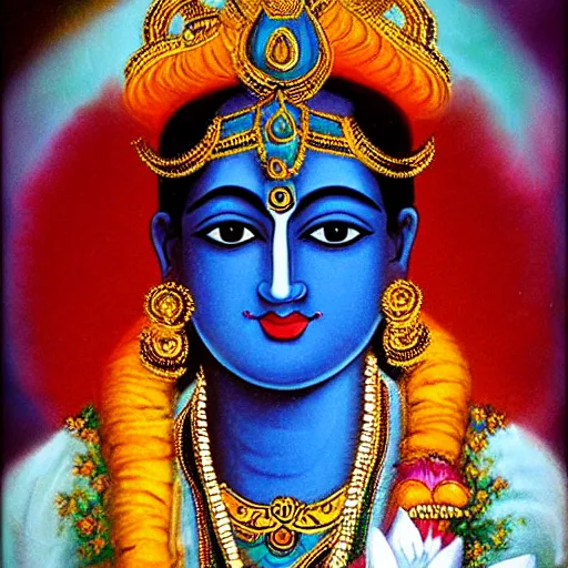 Image similar to Krishna’s transcendental form has a reddish luster in seven places — His eyes, His palms, the soles of His lotus feet, His palate, His lips, His tongue and His nails. A reddish luster in these seven places is considered to be auspicious. Three parts of His body are broad: His forehead, chest and waist. Three parts of His body are very deep: His voice, intelligence and navel. There is highness in five parts of His body: His nose, arms, ears, forehead and thighs. In five parts of His body there is fineness: His skin, the hair on His head and the other parts of His body, His teeth and His fingertips. The aggregate of all these bodily features is manifest only in the bodies of great personalities