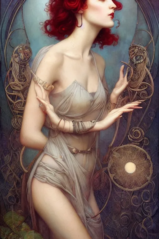 Image similar to by Tom Bagshaw in the style of Gaston Bussière, art nouveau, art deco