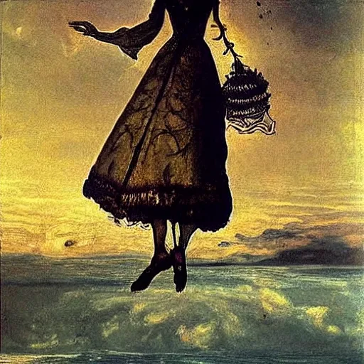 Image similar to Marie Antoinette levitating over the waters. By El Greco, Remedios Varo, Salvador Dali, Carl Gustav Carus, John Atkinson Grimshaw.