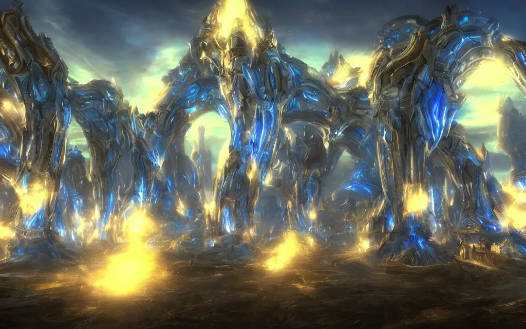 Image similar to protoss structure city, cinematic dramatic lighting, beautiful