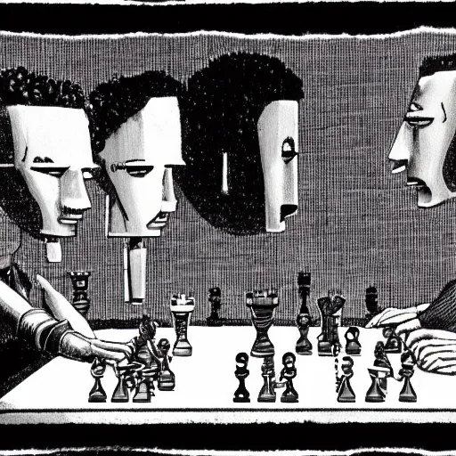 Image similar to ludwig wittgenstein and a humanoid robot playing chess, comic panel