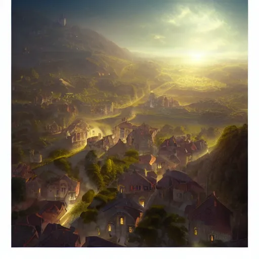 Image similar to aerial view of a hilly medieval town situated below an orb of light hanging in the sky. bright orb, by alan lee by peter mohrbacher, trending on artstation sharp focus vfx key shot