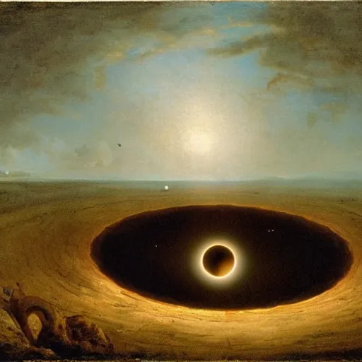 Prompt: by jacob van ruisdael funereal. a beautiful land art of a black hole consuming a star.