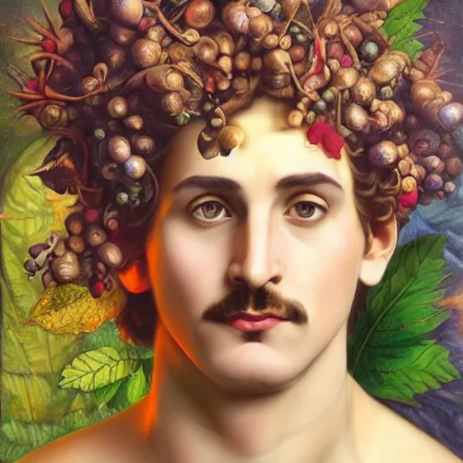 Prompt: psychedelic portrait of ecstatic god dionysus with leaves and grape in his hair, tom of finland, bouguereau, hyperrealistic, tom of finland, bouguereau, dalli, picasso, oil painting, futuristic cubism