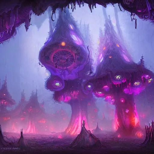 Image similar to concept art detailed painting of a dark purple fantasy fairytale fungal town made of mushrooms, with glowing blue lights, in the style of jordan grimmer and neil blevins and wayne barlowe