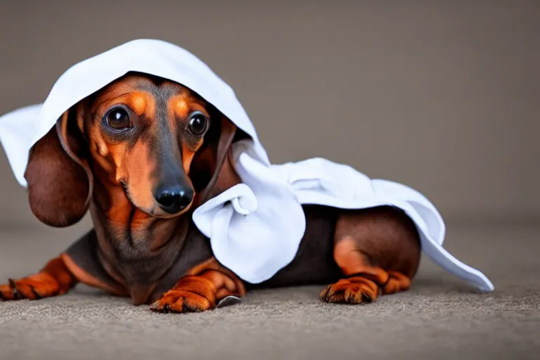 Prompt: Picture of a Dachshund wearing a tuffle coat, HD