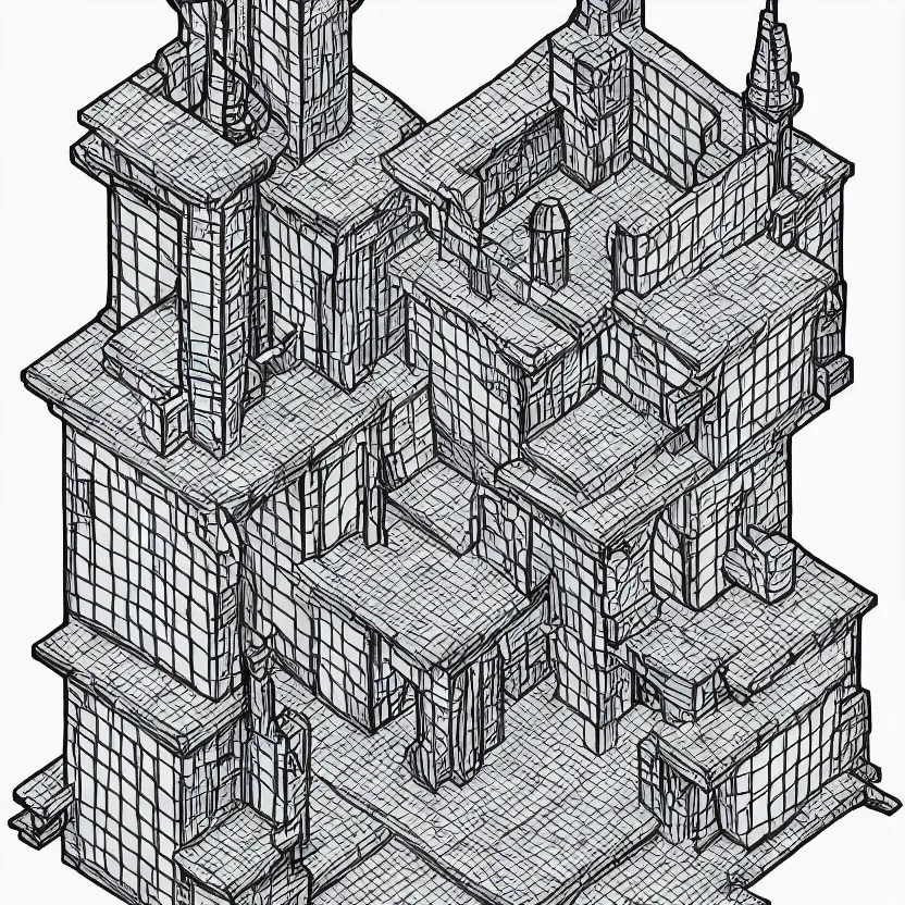 Prompt: isometric view of wizard's tower, lineart, 8 k