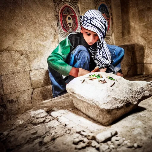 Image similar to picture of palestina boys criend in mother tomb, image upscaler, hyperrealistic, very details, hd image, 4 k, pulitzer award winner